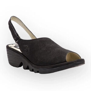 Fly London Black Suede Palpfly Peep Toe Sandals